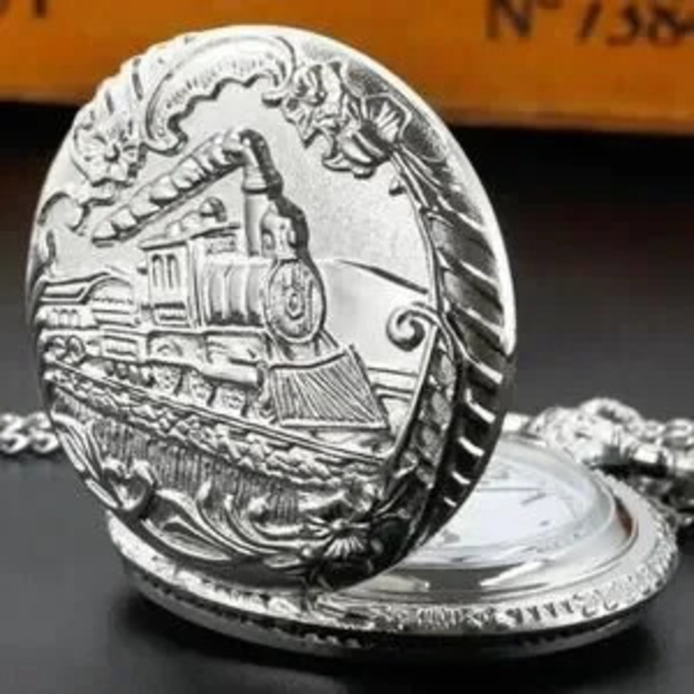 Silver Train Pocket Watch Steampunk Western VTG Christmas Birthday Mens Gift NEW